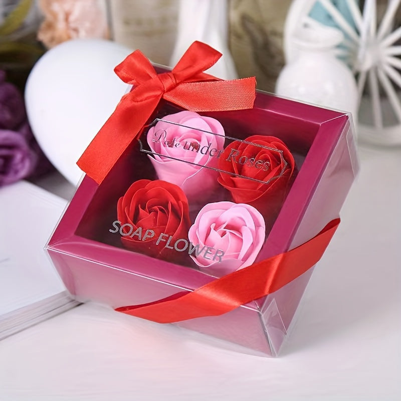 Coffret Cadeau 4 Roses Savon Artificielles - Fleurs Décoratives Parfumées - Cadeau Saint-Valentin, Fête des Mères, Noël, Mariage