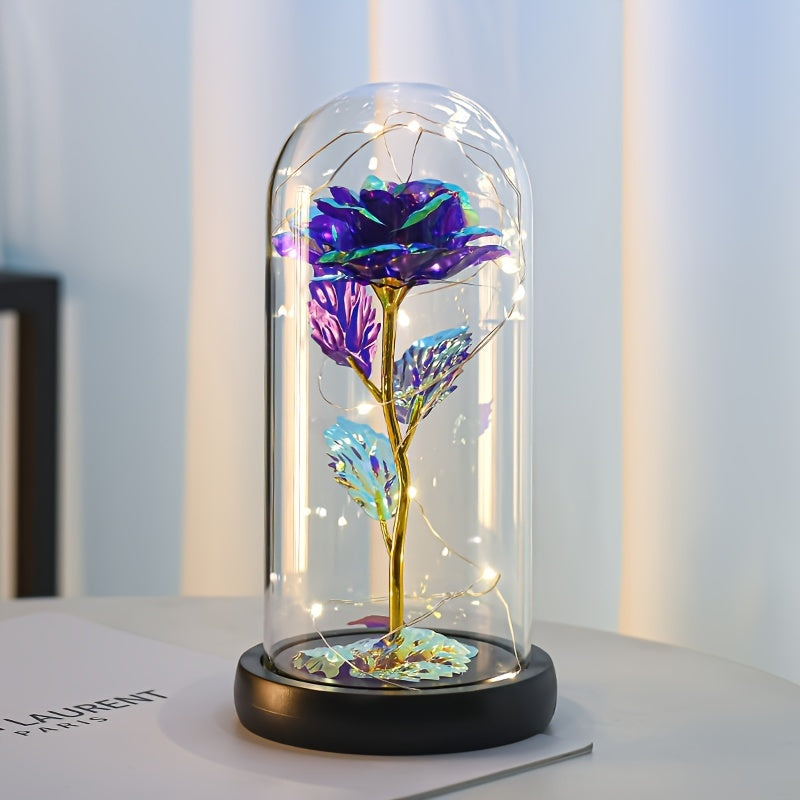 Rose LED Irisée sous Cloche en Verre - Cadeau Saint-Valentin, Fête des Mères - Avec Carte