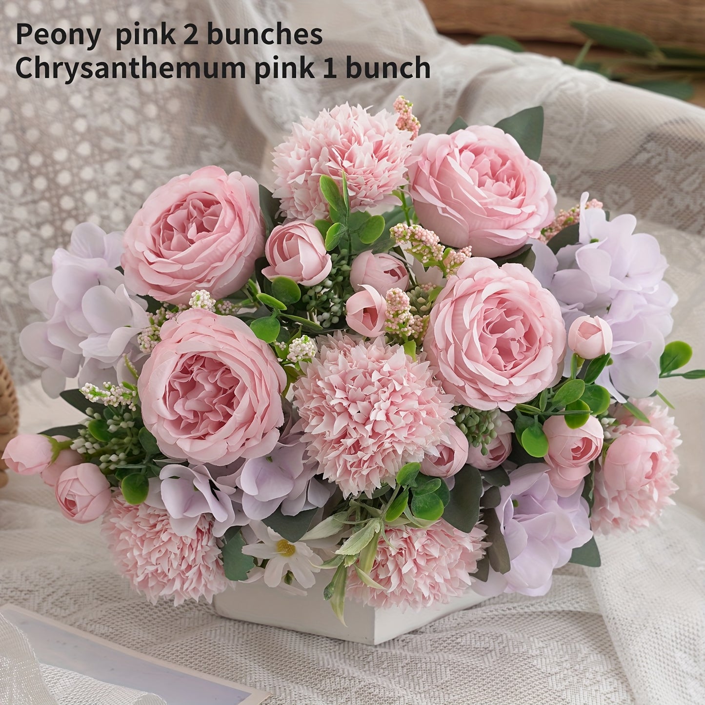 Bouquet Artificiel Pivoines, Hortensias & Chrysanthèmes - 3 Bouquets - Décoration Mariage, Maison