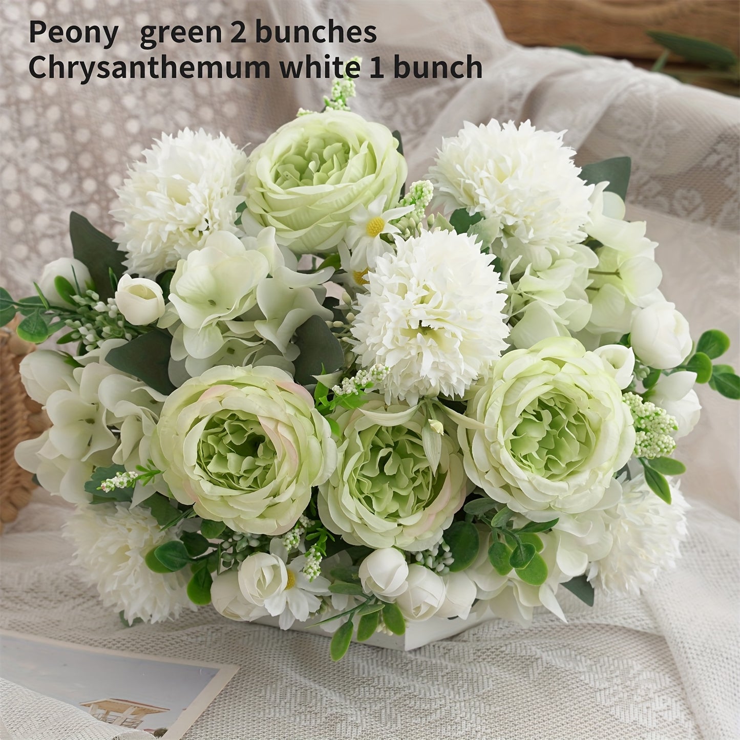 Bouquet Artificiel Pivoines, Hortensias & Chrysanthèmes - 3 Bouquets - Décoration Mariage, Maison