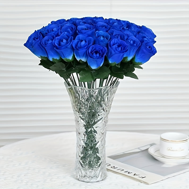 Bouquet de 10 Roses Bleues Artificielles 35 cm - Décoration Mariage, Saint-Valentin, Noël, Halloween - Sans Vase