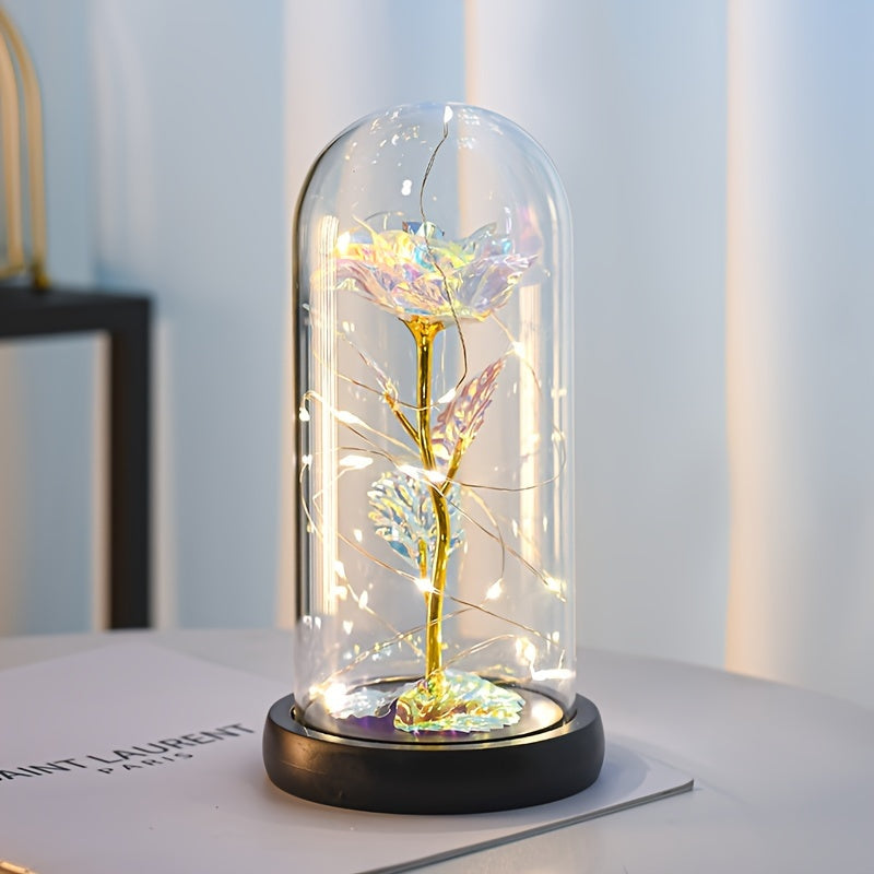 Rose LED Irisée sous Cloche en Verre - Cadeau Saint-Valentin, Fête des Mères - Avec Carte