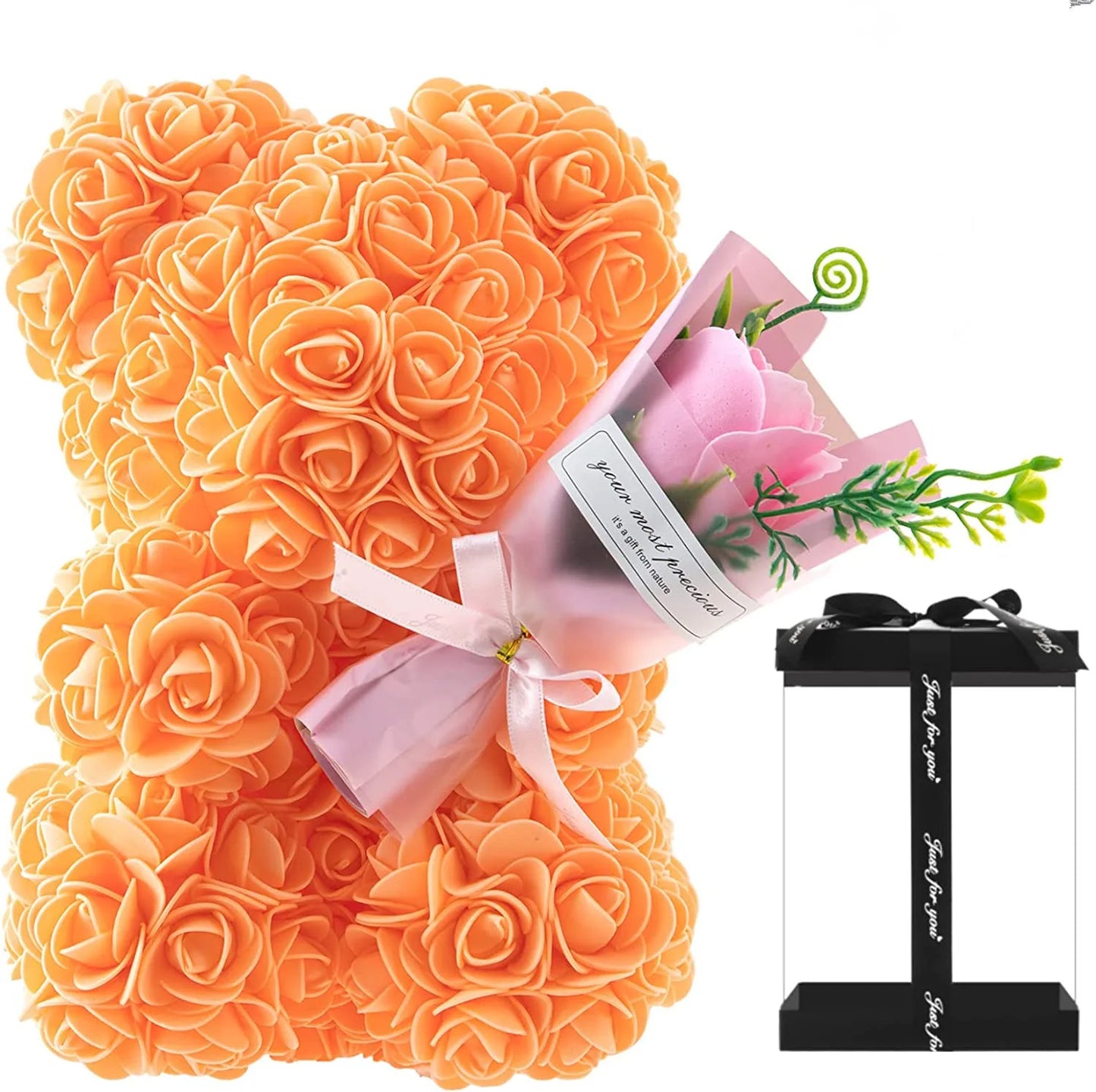 Ours en Roses Éternelles Orange avec Rose en main - Cadeau Saint-Valentin, Fête des Mères, Anniversaire (