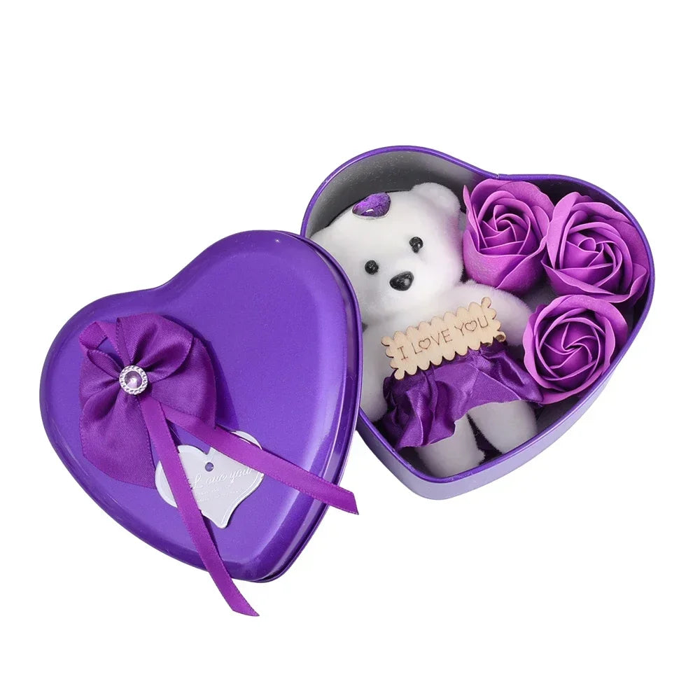 Coffret Cadeau Ours Violet - Mini Bouquet Saint-Valentin, Anniversaire, Mariage