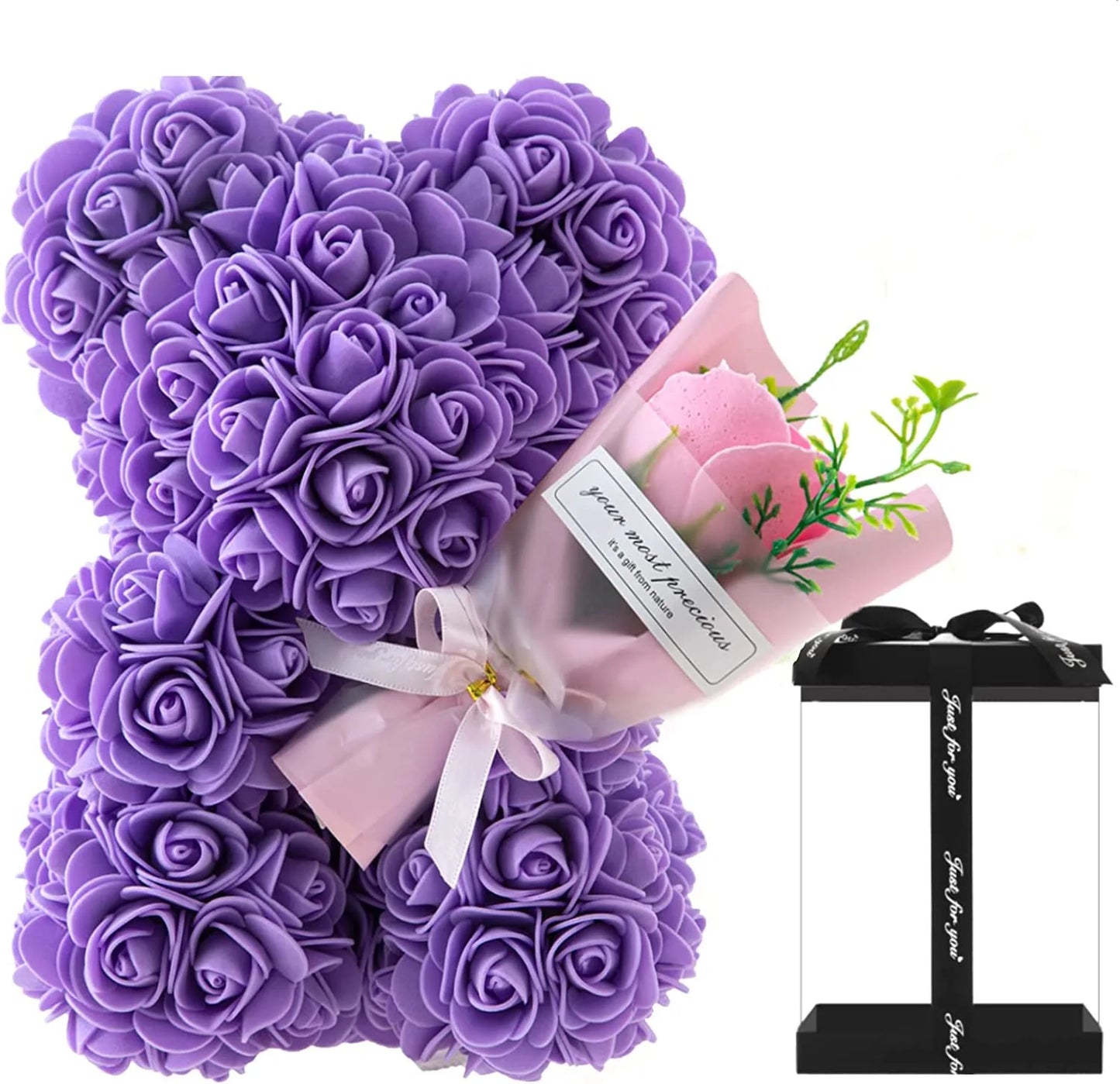 Ours en Roses Éternelles Violet avec Rose en main - Cadeau Saint-Valentin, Fête des Mères, Anniversaire