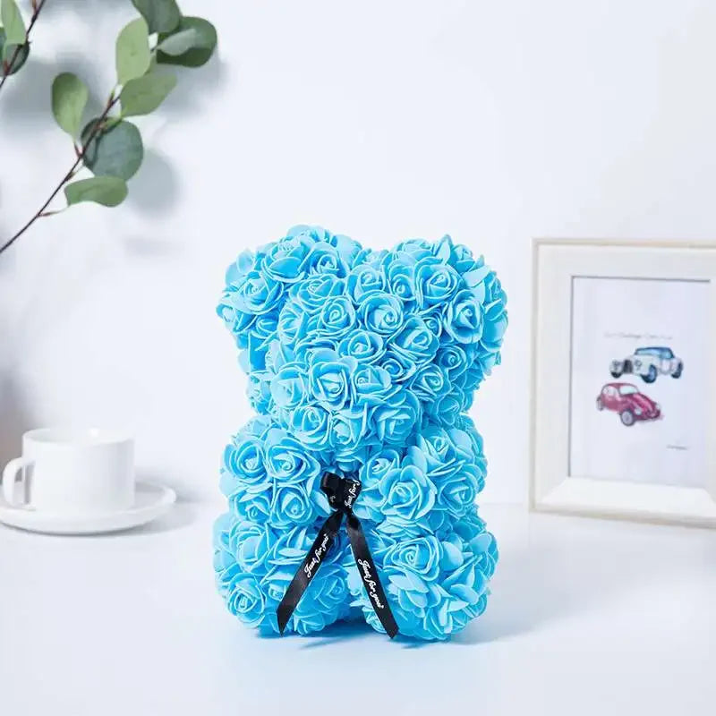 Ours en Roses Éternelles Bleu 25cm - Livraison Express