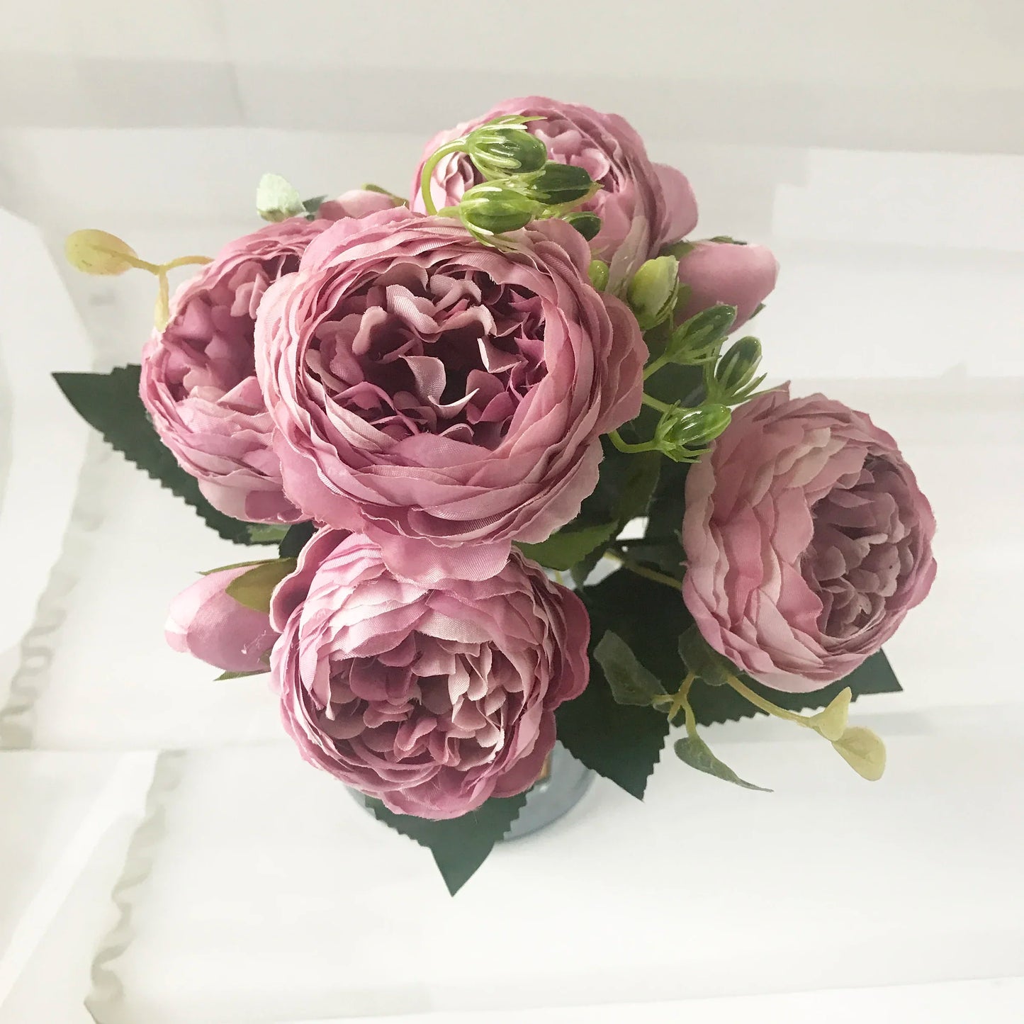 Bouquet de Pivoines Roses en Soie 30cm - 5 Grandes Fleurs + 4 Boutons - Décoration Mariage, Maison