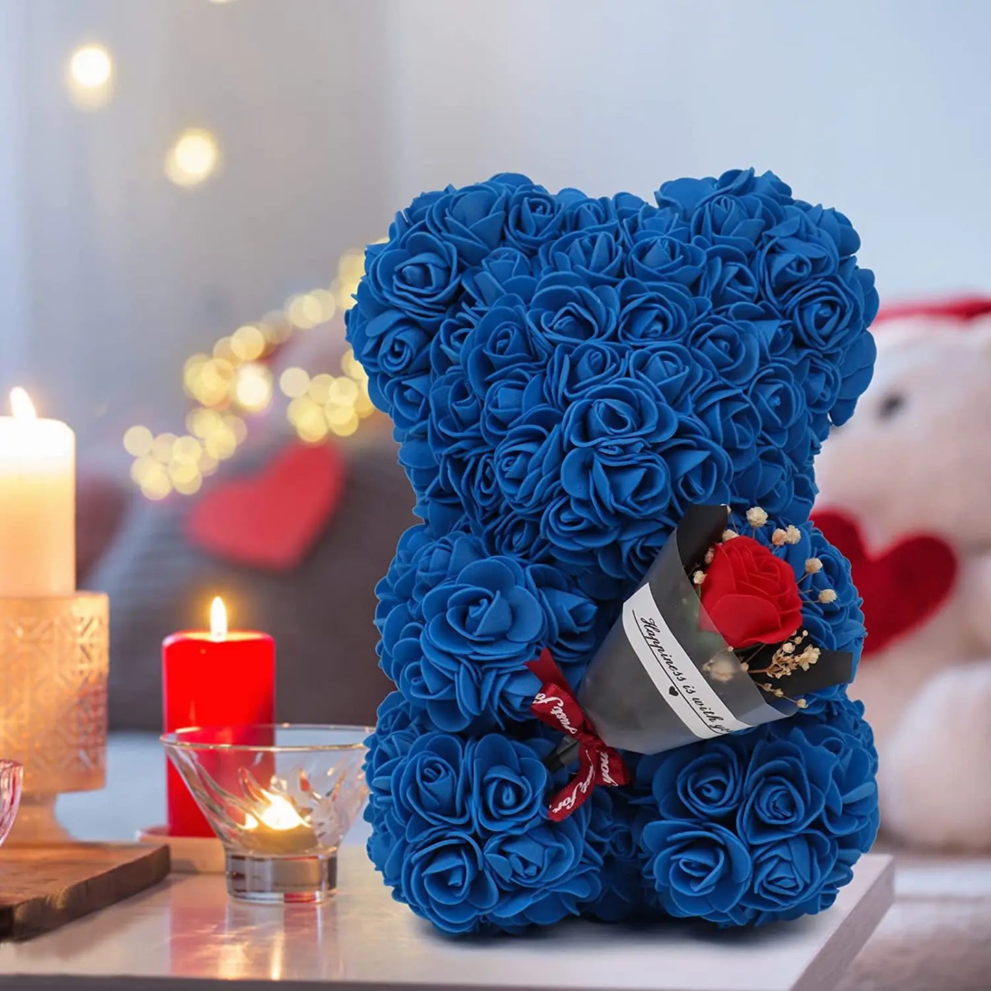 Ours en Roses Éternelles Bleu foncé avec Rose en main - Cadeau Saint-Valentin, Fête des Mères, Anniversaire