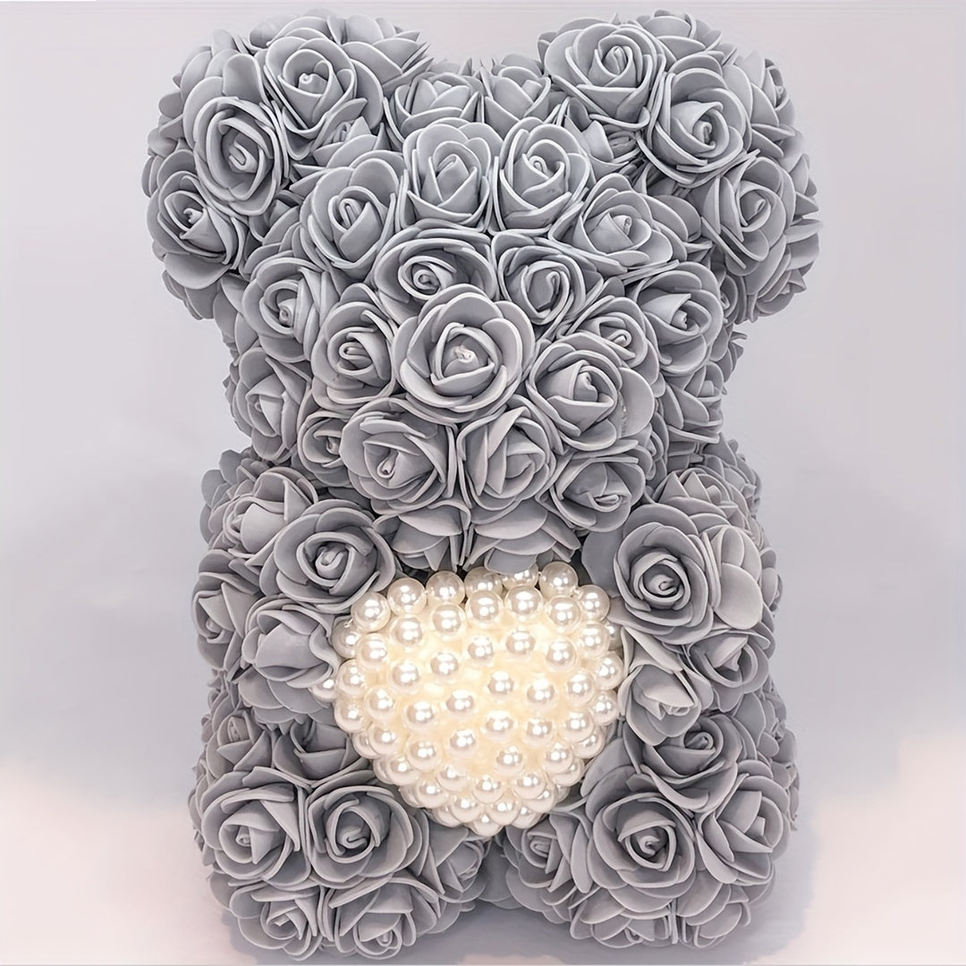Ours en Roses avec Cœur en Perles - Cadeau Saint-Valentin, Noël, Fête des Mères