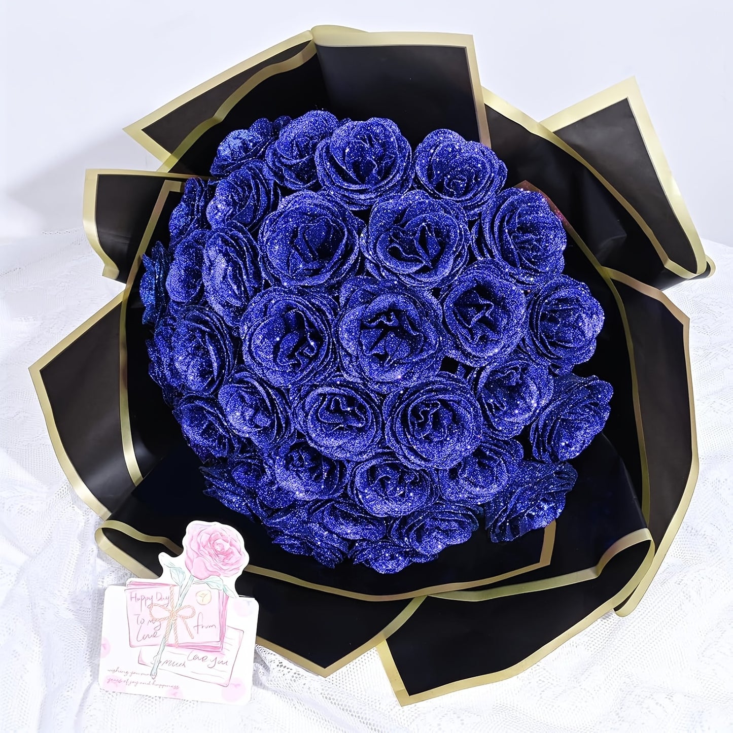 Bouquet de 24 Roses Bleues Pailletées avec 6 Papillons Dorés - Décoration Mariage, Anniversaire, Fiançailles