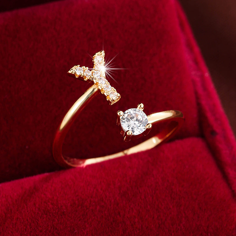 Bague Ajustable en Cuivre avec Zircone Ronde - 26 Lettres Alphabet - Bijou Tendance Femme