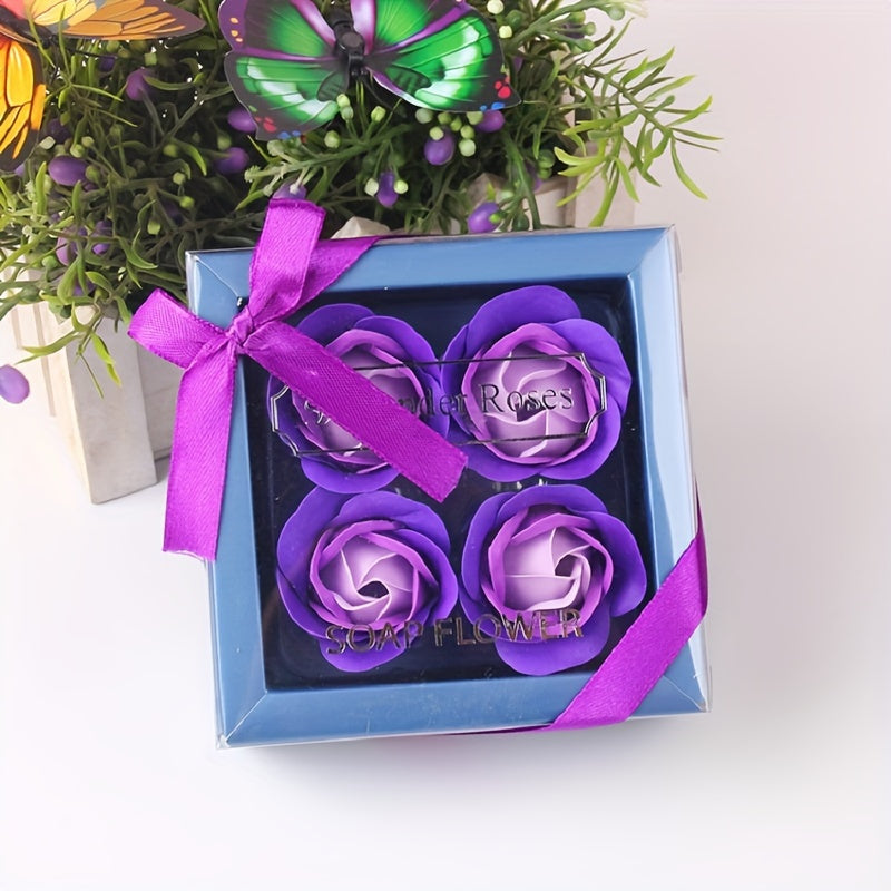 Coffret Cadeau 4 Roses Savon Artificielles - Fleurs Décoratives Parfumées - Cadeau Saint-Valentin, Fête des Mères, Noël, Mariage