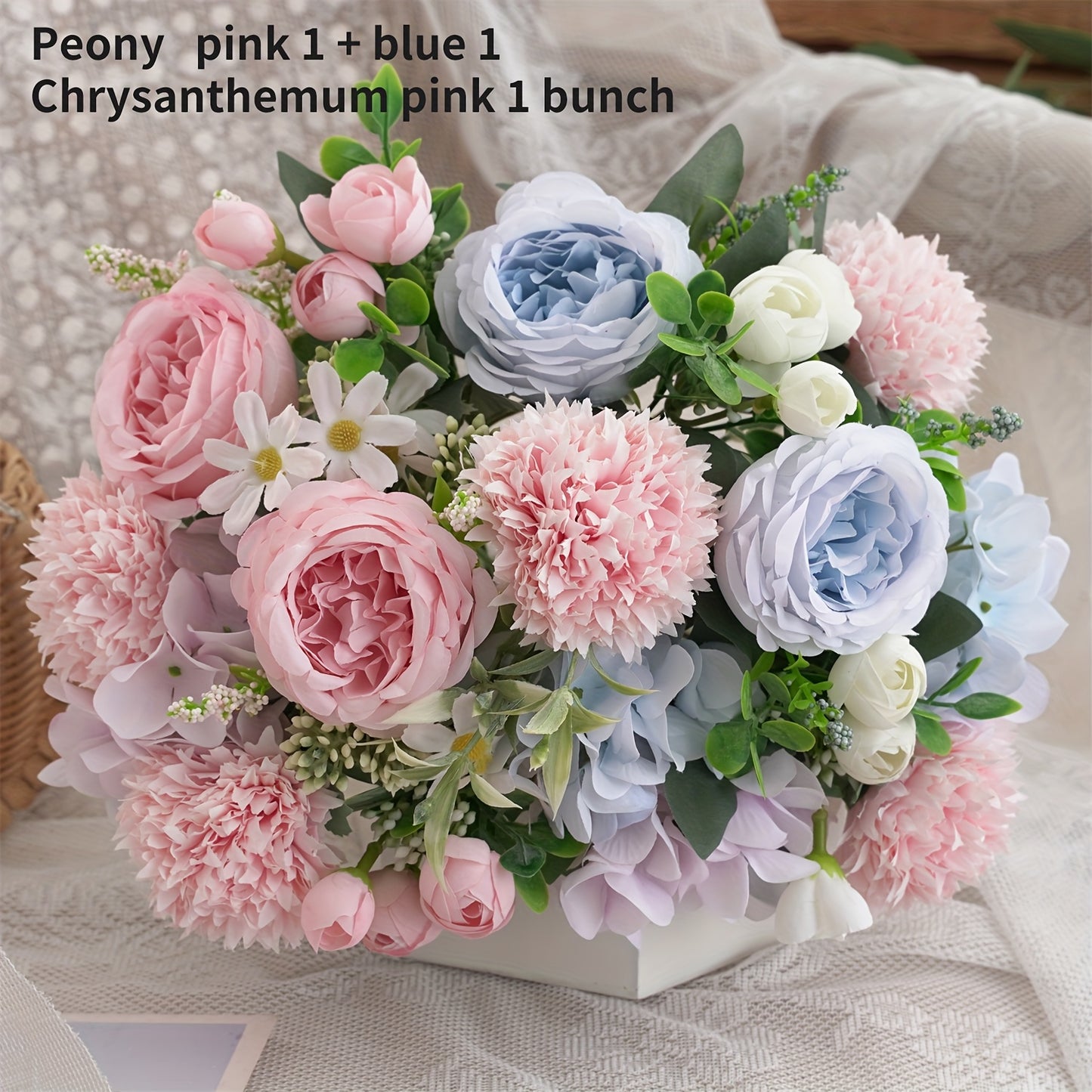 Bouquet Artificiel Pivoines, Hortensias & Chrysanthèmes - 3 Bouquets - Décoration Mariage, Maison