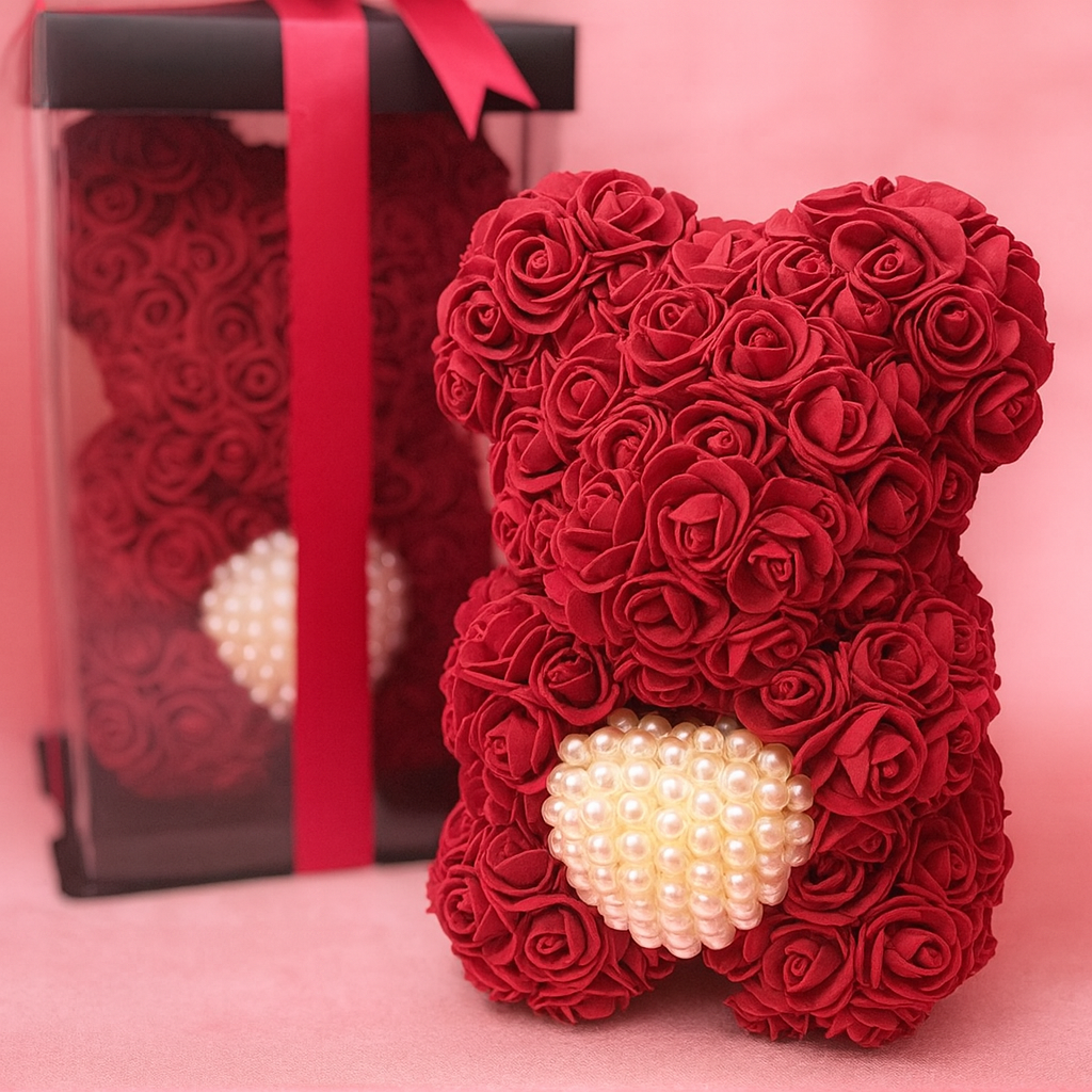Ours en Roses avec Cœur en Perles
