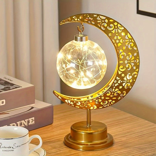 Lampe LED Islamique Croissant de Lune et Étoile - Lumière Dorée - Décoration Ramadan, Eid, Prière - Dôme Doré