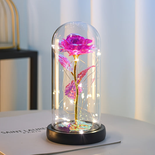 Rose LED Irisée sous Cloche en Verre - Cadeau Saint-Valentin, Fête des Mères - Avec Carte