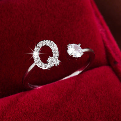 Bague Ajustable en Cuivre avec Zircone Ronde - 26 Lettres Alphabet - Bijou Tendance Femme