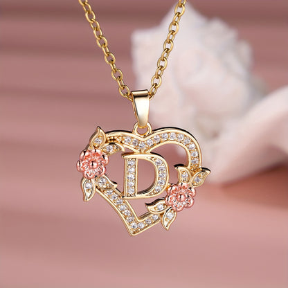 Collier Cœur avec Lettre et Fleur Rose Dorée - Zircone Blanche - Cadeau Saint-Valentin Femme