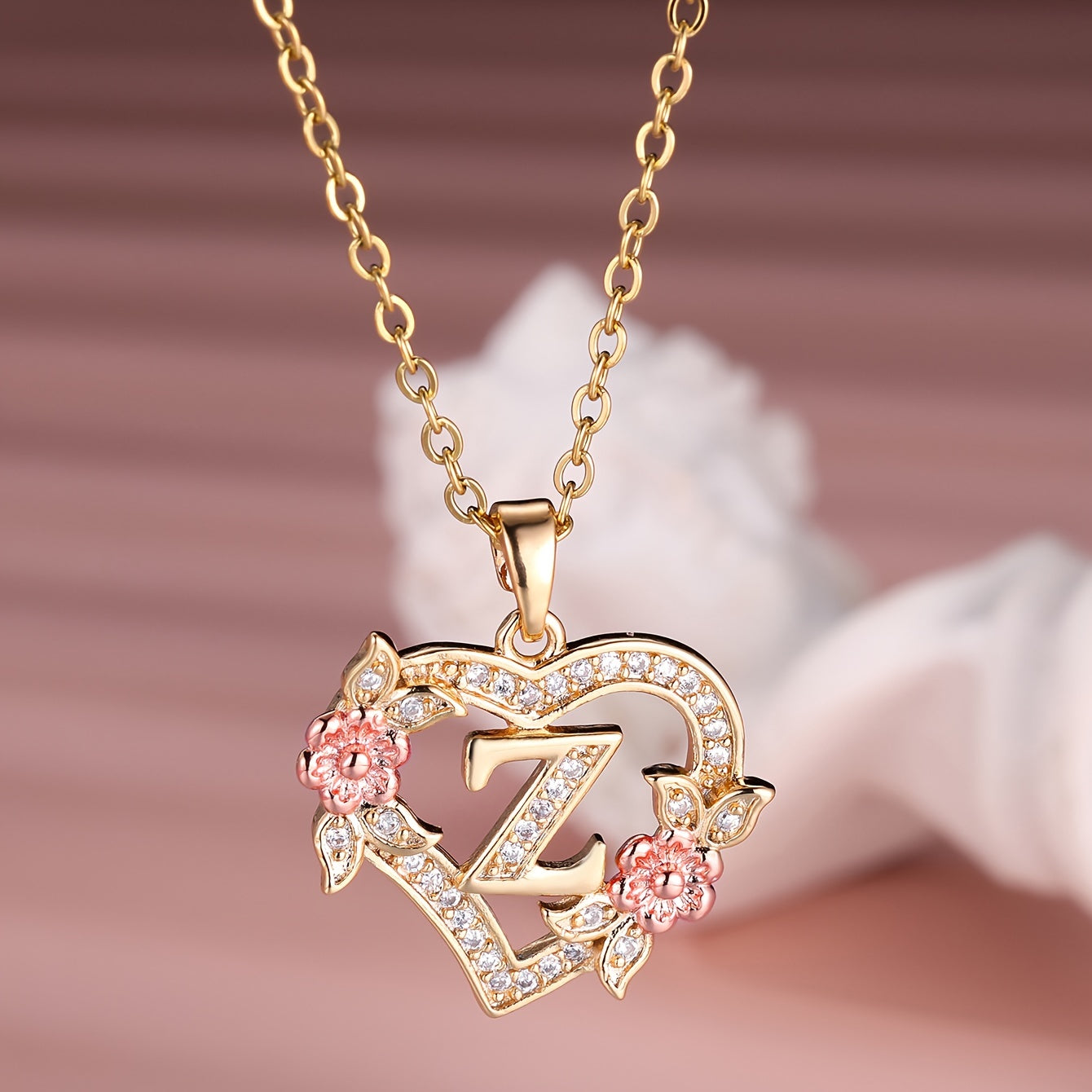 Collier Cœur avec Lettre et Fleur Rose Dorée - Zircone Blanche - Cadeau Saint-Valentin Femme