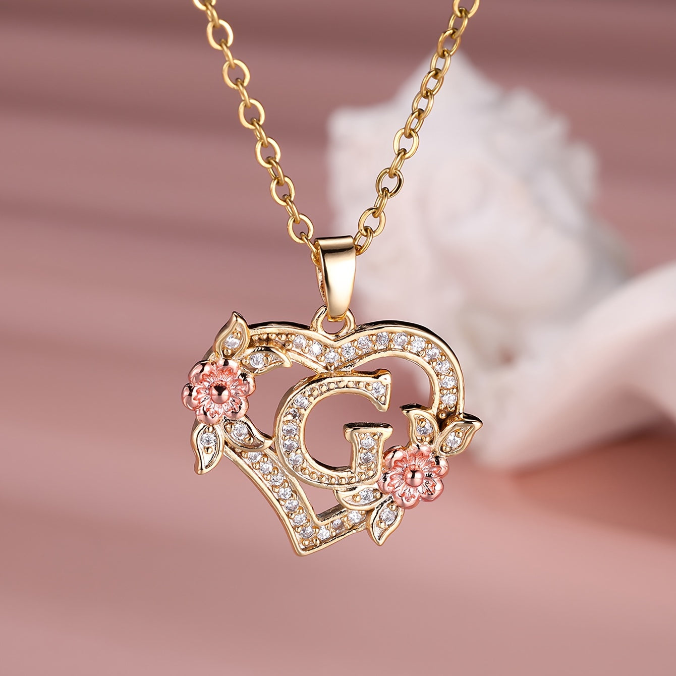 Collier Cœur avec Lettre et Fleur Rose Dorée - Zircone Blanche - Cadeau Saint-Valentin Femme