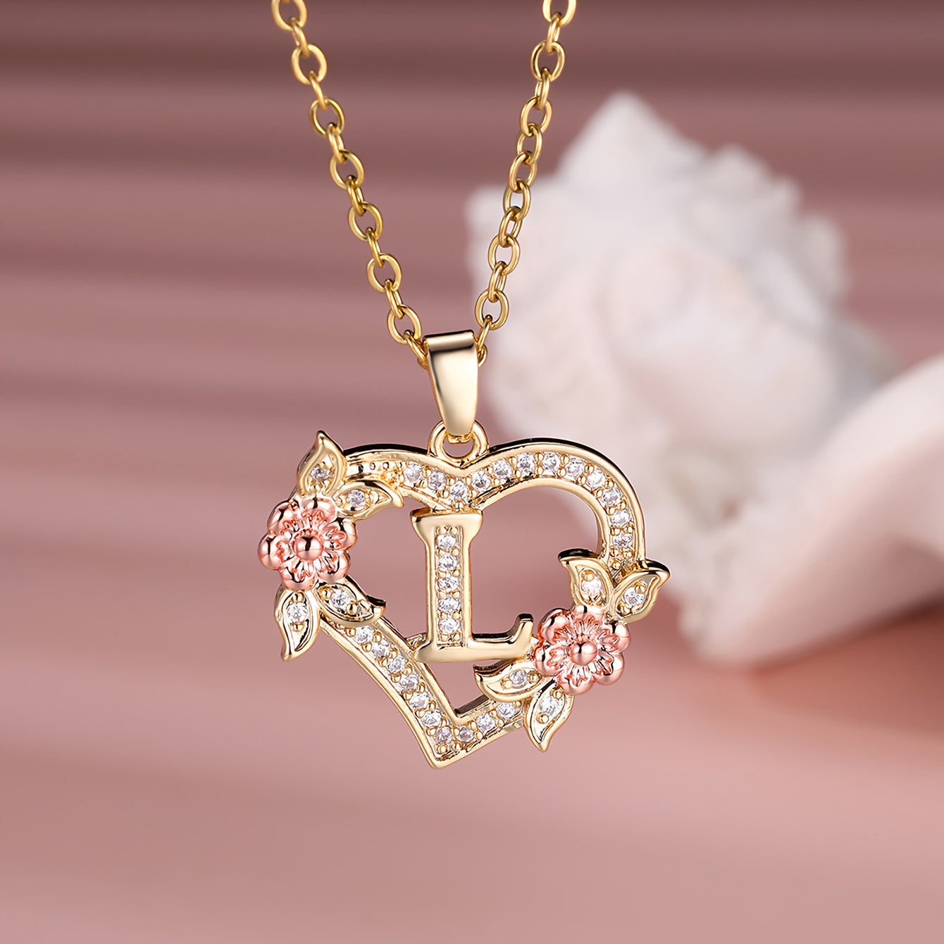Collier Cœur avec Lettre et Fleur Rose Dorée - Zircone Blanche - Cadeau Saint-Valentin Femme