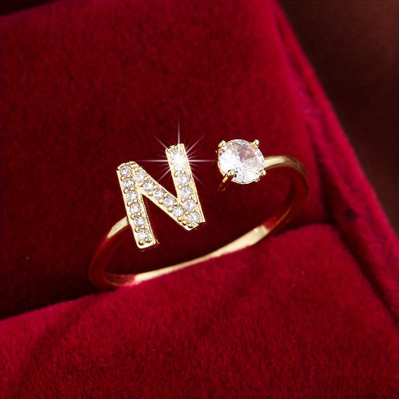 Bague Ajustable en Cuivre avec Zircone Ronde - 26 Lettres Alphabet - Bijou Tendance Femme