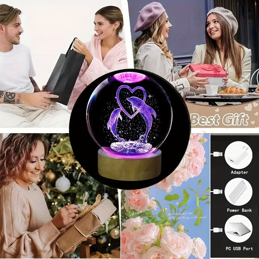 Boule de Cristal 3D Dauphin Lumineuse - Veilleuse Multicolore - Cadeau Saint-Valentin, Noël, Anniversaire