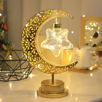 Lampe LED Islamique Croissant de Lune et Étoile - Lumière Dorée - Décoration Ramadan, Eid, Prière - Dôme Doré