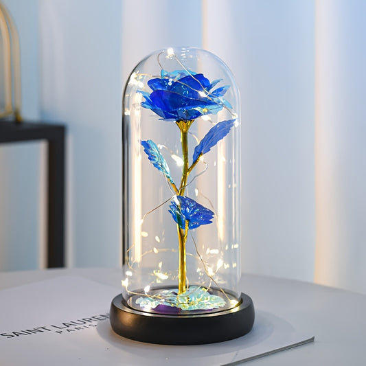 Rose LED Irisée sous Cloche en Verre - Cadeau Saint-Valentin, Fête des Mères - Avec Carte