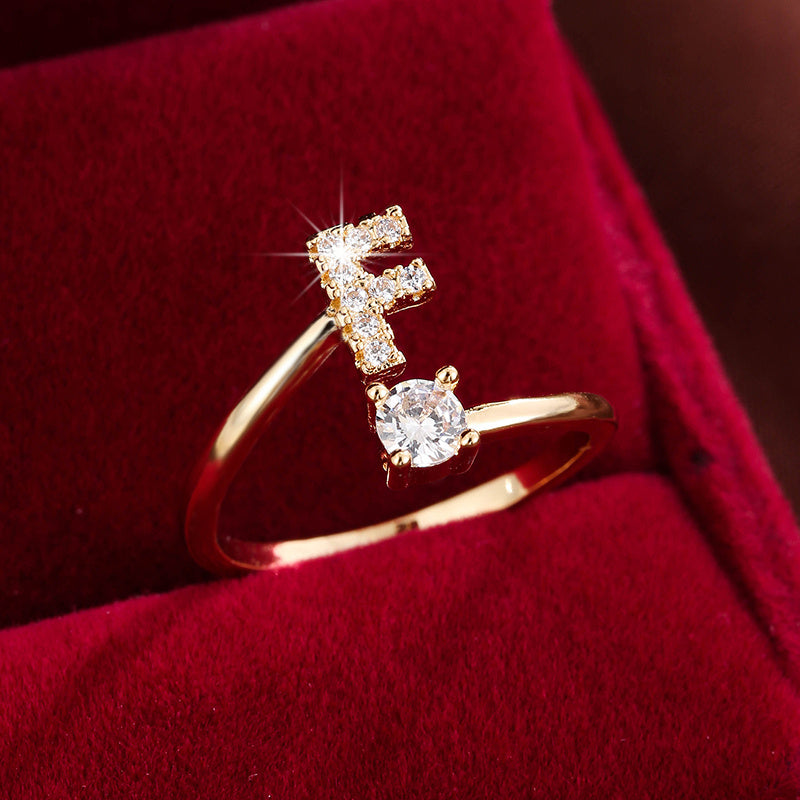 Bague Ajustable en Cuivre avec Zircone Ronde - 26 Lettres Alphabet - Bijou Tendance Femme