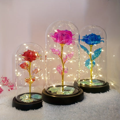 Rose LED Irisée sous Cloche en Verre - Cadeau Saint-Valentin, Fête des Mères - Avec Carte