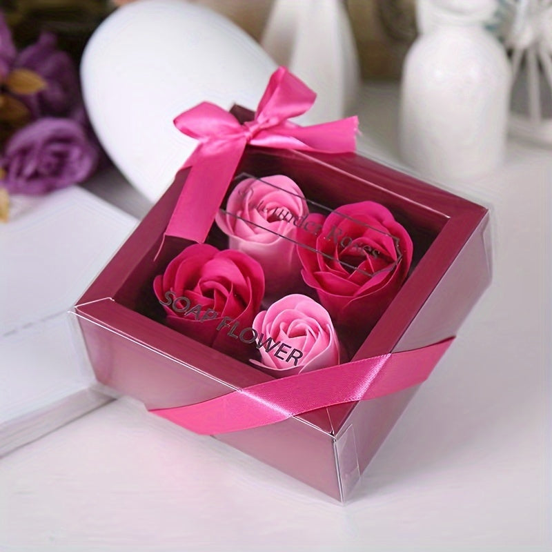 Coffret Cadeau 4 Roses Savon Artificielles - Fleurs Décoratives Parfumées - Cadeau Saint-Valentin, Fête des Mères, Noël, Mariage