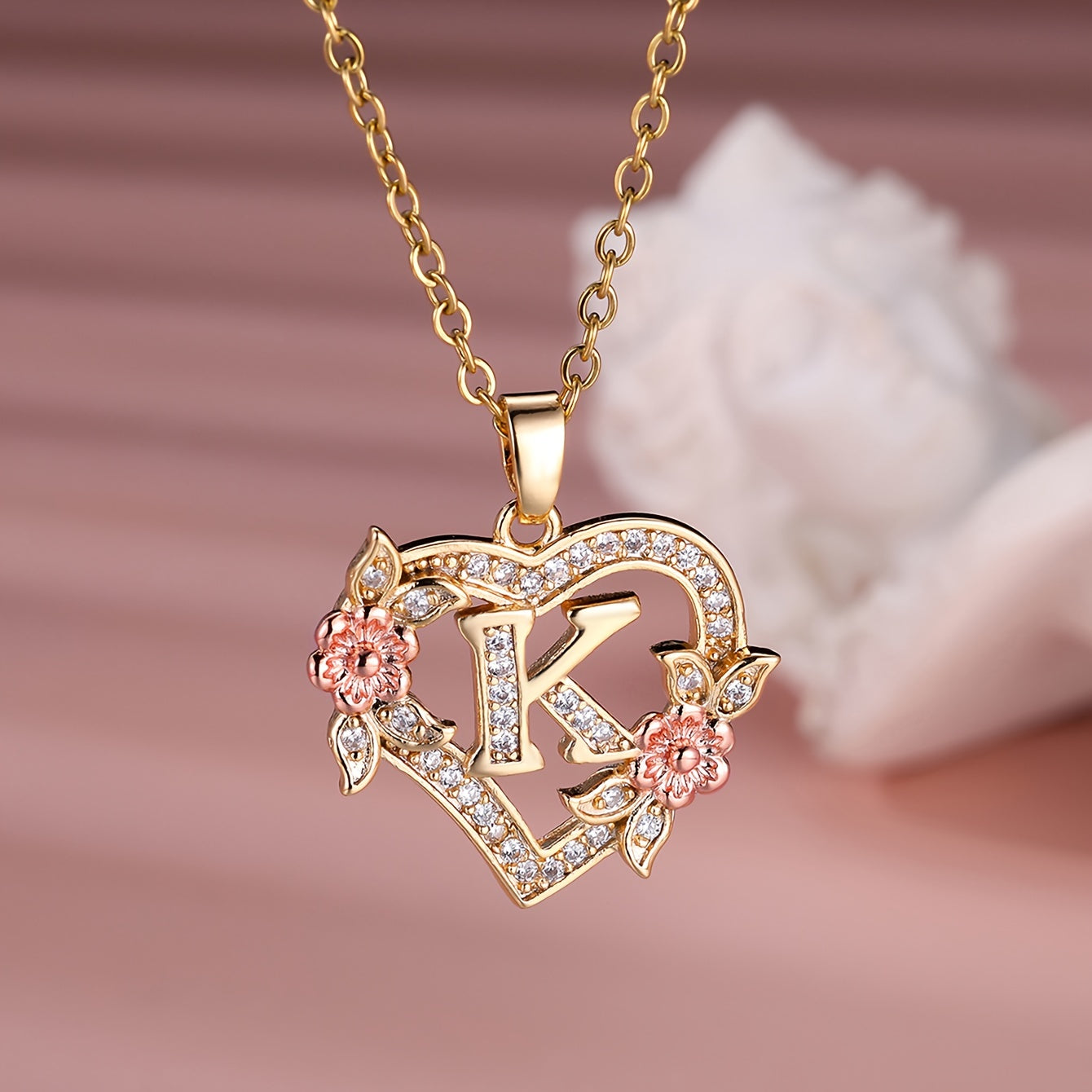 Collier Cœur avec Lettre et Fleur Rose Dorée - Zircone Blanche - Cadeau Saint-Valentin Femme