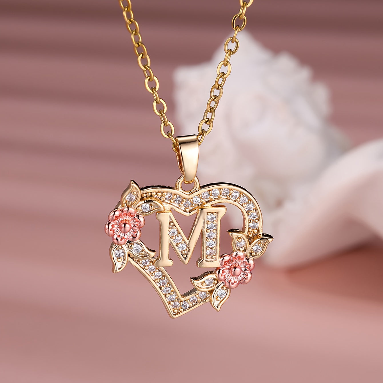 Collier Cœur avec Lettre et Fleur Rose Dorée - Zircone Blanche - Cadeau Saint-Valentin Femme