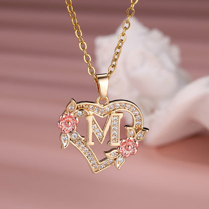 Collier Cœur avec Lettre et Fleur Rose Dorée - Zircone Blanche - Cadeau Saint-Valentin Femme