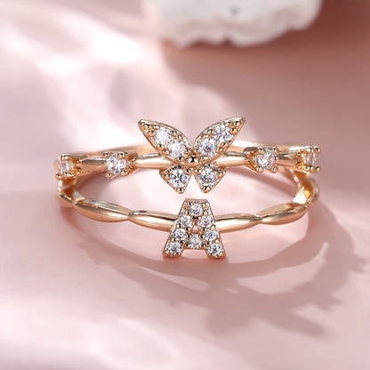 Bague Papillon avec Initiale A-Z - Bijou Empilable Élégant - Cadeau Anniversaire, Noël - Femme