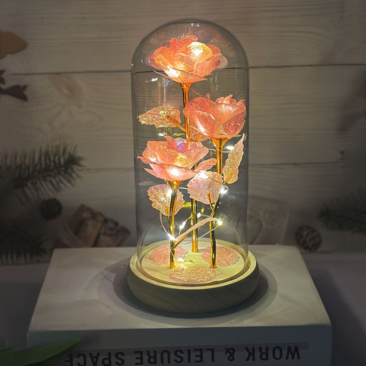 Dôme en Verre avec Roses LED Lumineuses - Centre de Table Décoratif - Cadeau Saint-Valentin, Fête des Mères, Noël