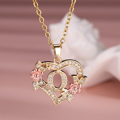 Collier Cœur avec Lettre et Fleur Rose Dorée - Zircone Blanche - Cadeau Saint-Valentin Femme