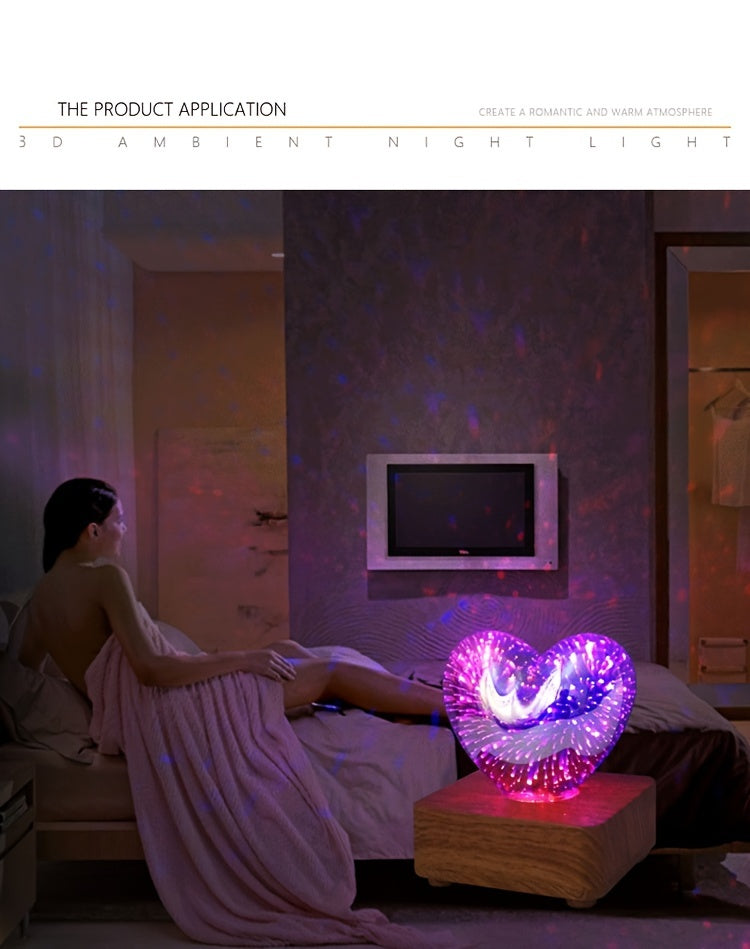 Lampe LED 3D Cœur d'Amour Feux d'Artifice USB - Veilleuse Décorative - Cadeau Saint-Valentin, Camping, Chambre