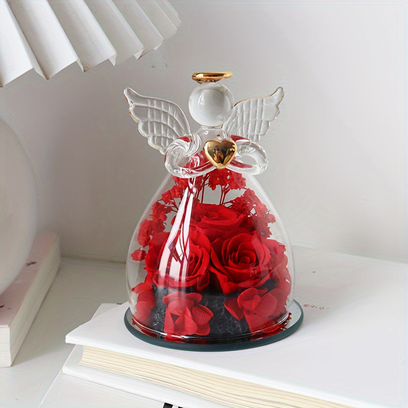 Roses Rouges Éternelles sous Dôme en Verre 10cm avec Statue d'Ange - Cadeau Saint-Valentin, Noël, Fête des Mères