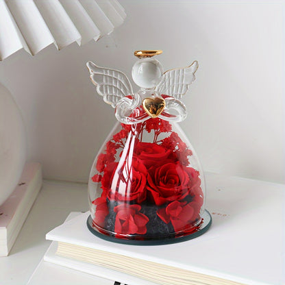 Roses Rouges Éternelles sous Dôme en Verre 10cm avec Statue d'Ange - Cadeau Saint-Valentin, Noël, Fête des Mères