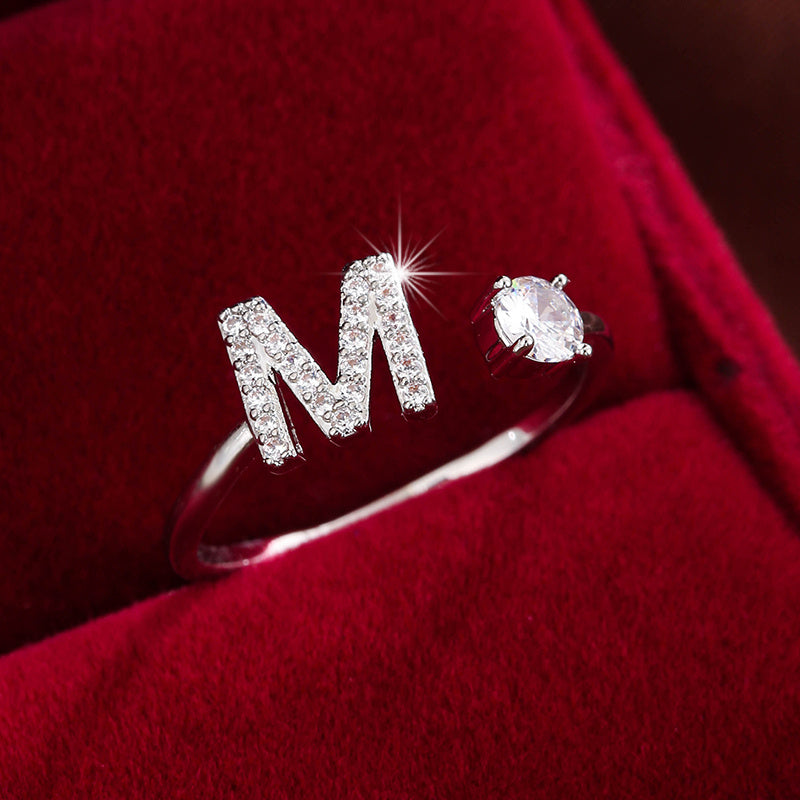 Bague Ajustable en Cuivre avec Zircone Ronde - 26 Lettres Alphabet - Bijou Tendance Femme