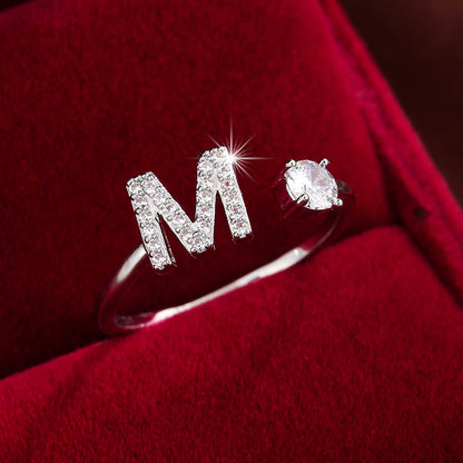 Bague Ajustable en Cuivre avec Zircone Ronde - 26 Lettres Alphabet - Bijou Tendance Femme