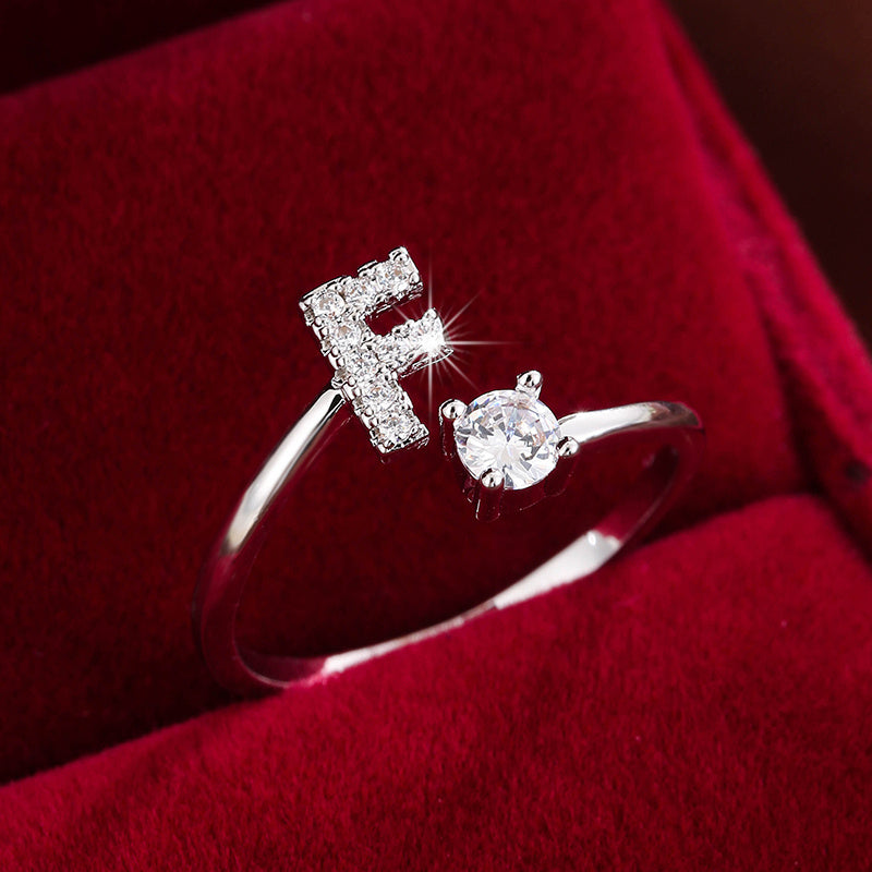 Bague Ajustable en Cuivre avec Zircone Ronde - 26 Lettres Alphabet - Bijou Tendance Femme