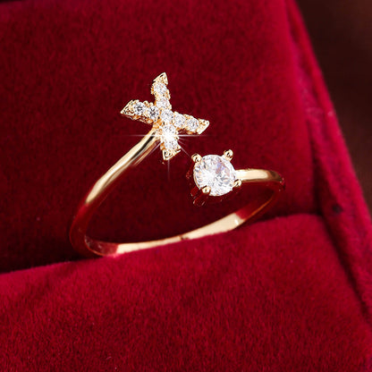 Bague Ajustable en Cuivre avec Zircone Ronde - 26 Lettres Alphabet - Bijou Tendance Femme