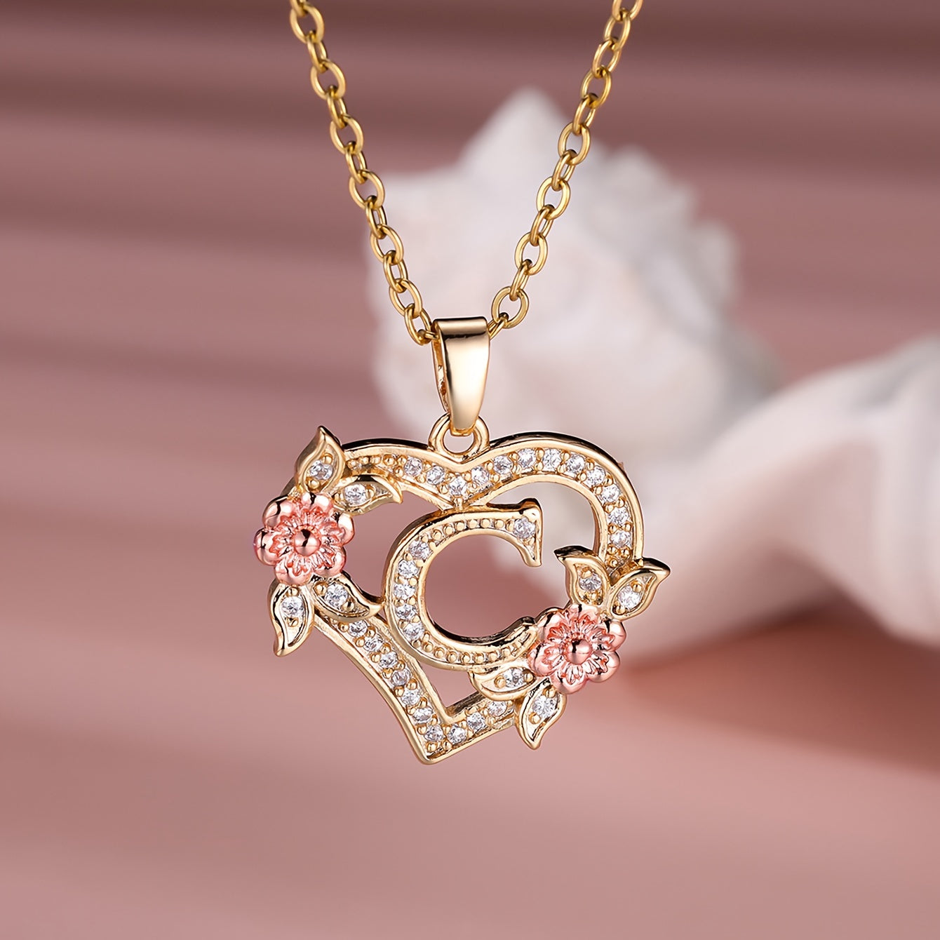 Collier Cœur avec Lettre et Fleur Rose Dorée - Zircone Blanche - Cadeau Saint-Valentin Femme