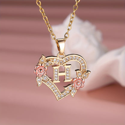 Collier Cœur avec Lettre et Fleur Rose Dorée - Zircone Blanche - Cadeau Saint-Valentin Femme