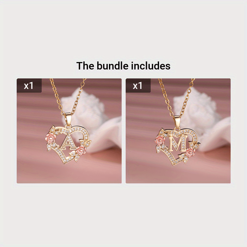 Collier Cœur avec Lettre et Fleur Rose Dorée - Zircone Blanche - Cadeau Saint-Valentin Femme