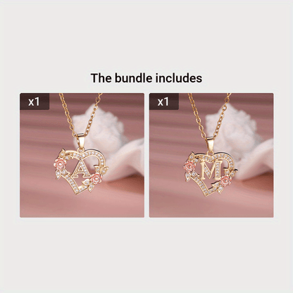 Collier Cœur avec Lettre et Fleur Rose Dorée - Zircone Blanche - Cadeau Saint-Valentin Femme