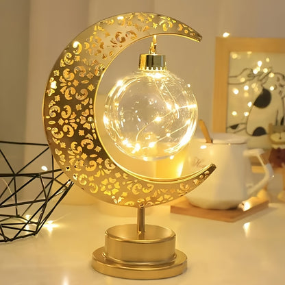 Lampe LED Islamique Croissant de Lune et Étoile - Lumière Dorée - Décoration Ramadan, Eid, Prière - Dôme Doré